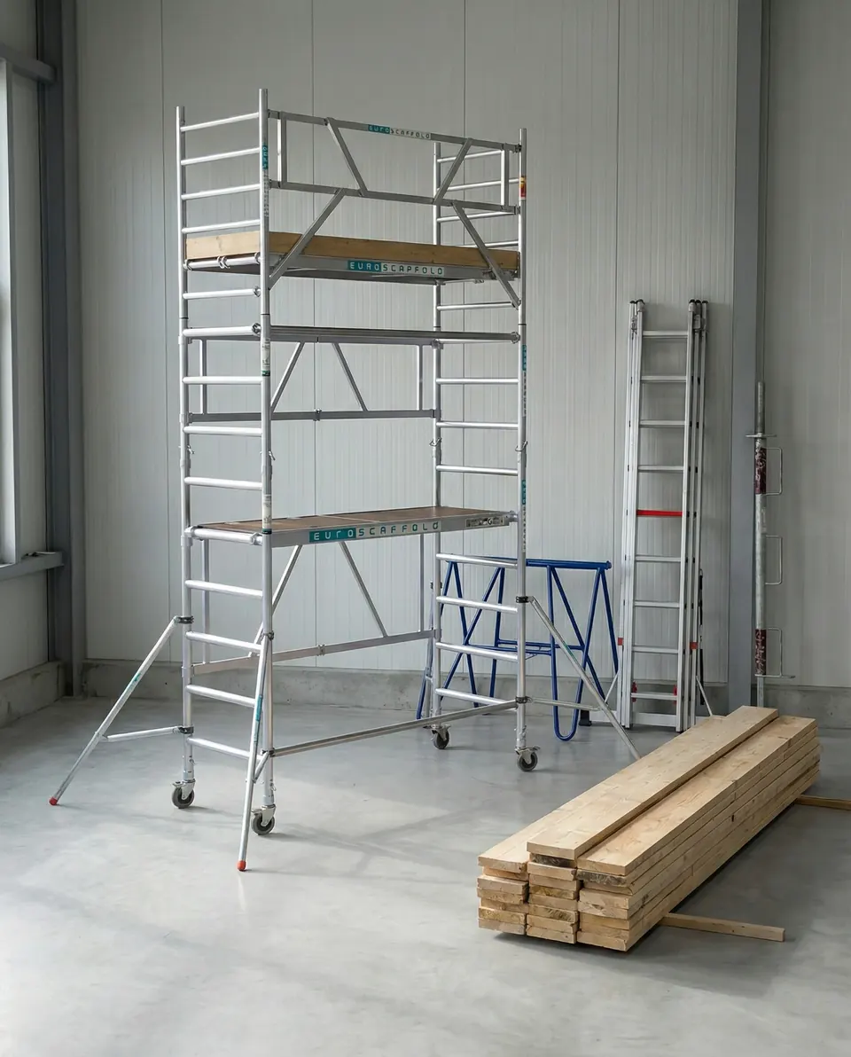 Materieel voor veilig werken op hoogte op een bouwplaats