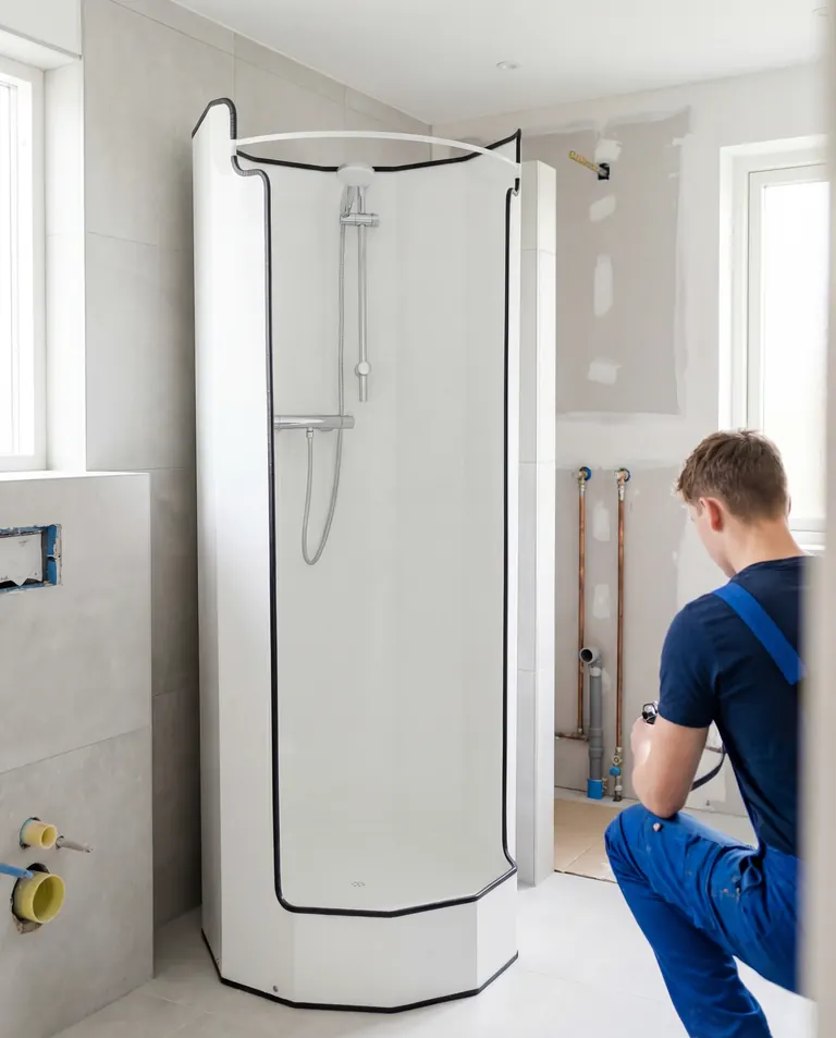 Mobiele nooddouche voor tijdelijke warme douchevoorziening tijdens renovaties